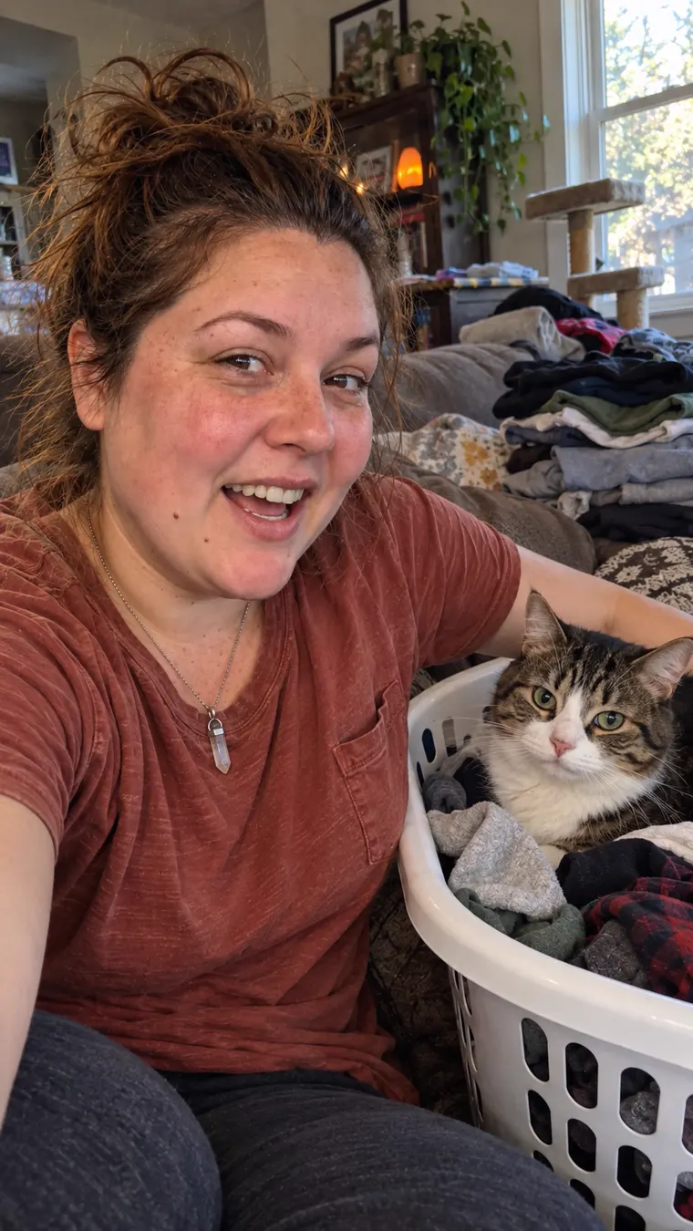 Echo at home, laughing beside a laundry basket her tabby cat has claimed