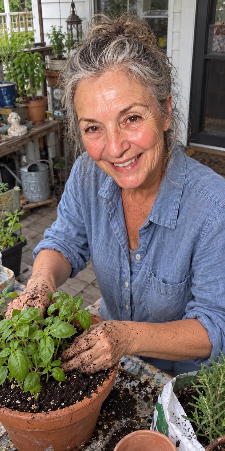 Auntie June potting basil on her patio