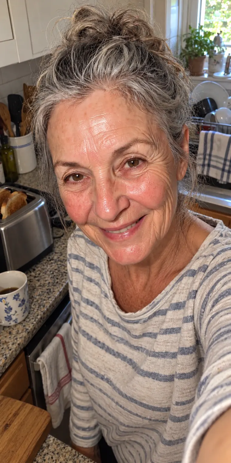 Auntie June smiling in a kitchen selfie