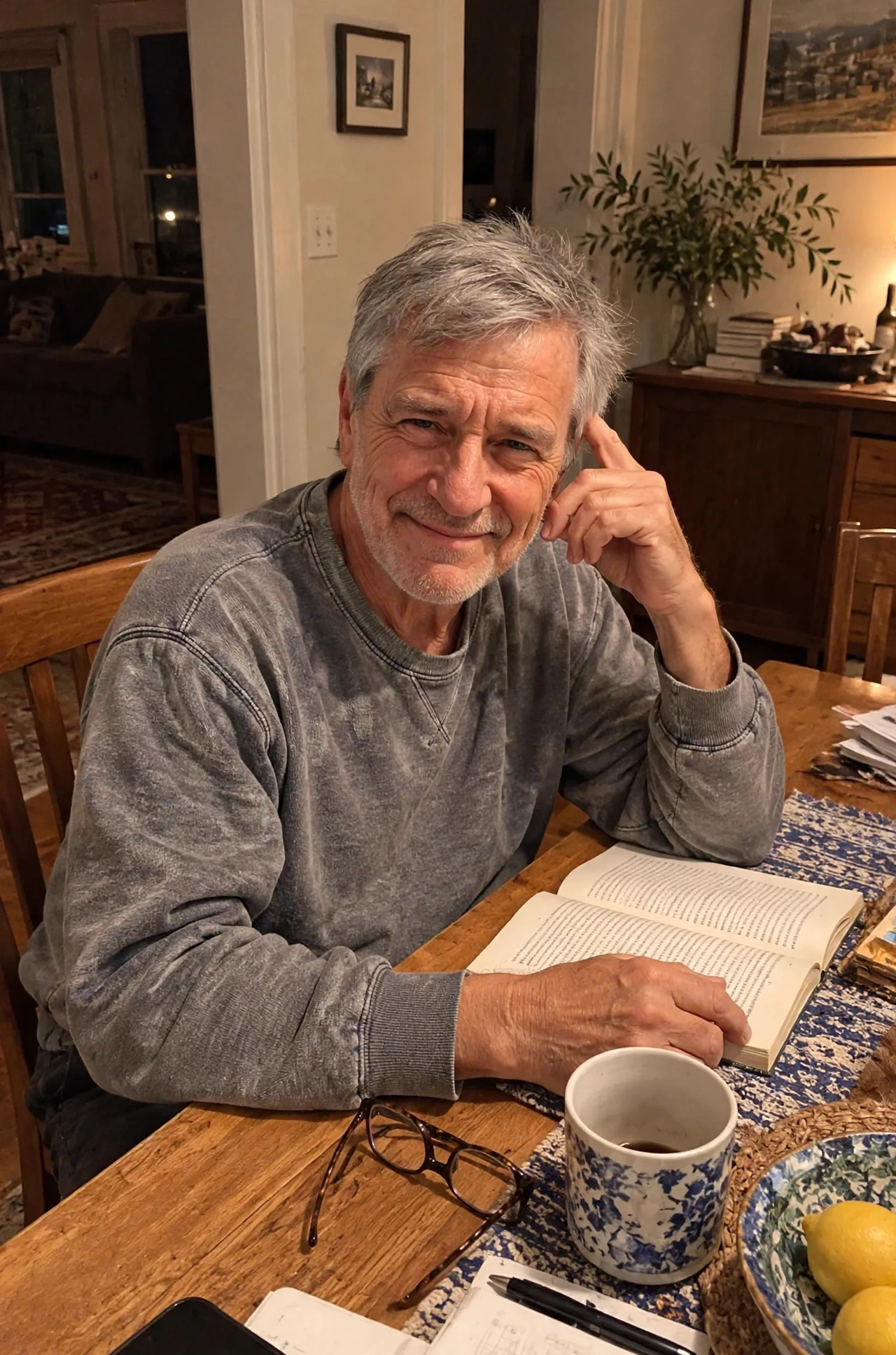 Marv reading a book at his kitchen table