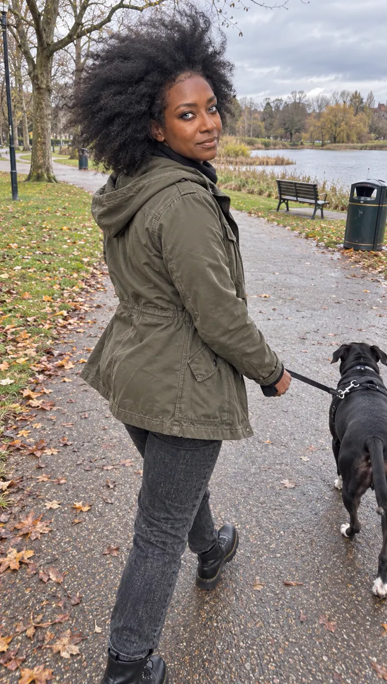 Silver walking her black dog along a lakeside path